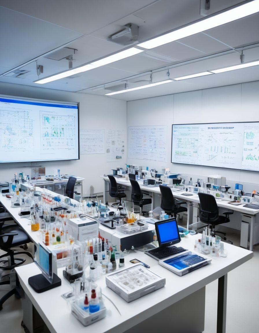 An open lab with various advanced laboratory instruments like pipettes, microscopes, and centrifuges displayed prominently, surrounded by scientists engaged in collaborative research. The scene is alive with innovation, showcasing bright, colorful diagrams and charts on a digital screen in the background. A whiteboard filled with complex equations adds to the scholarly atmosphere. The overall ambiance is one of creativity and scientific exploration. super-realistic. vibrant colors. white background.