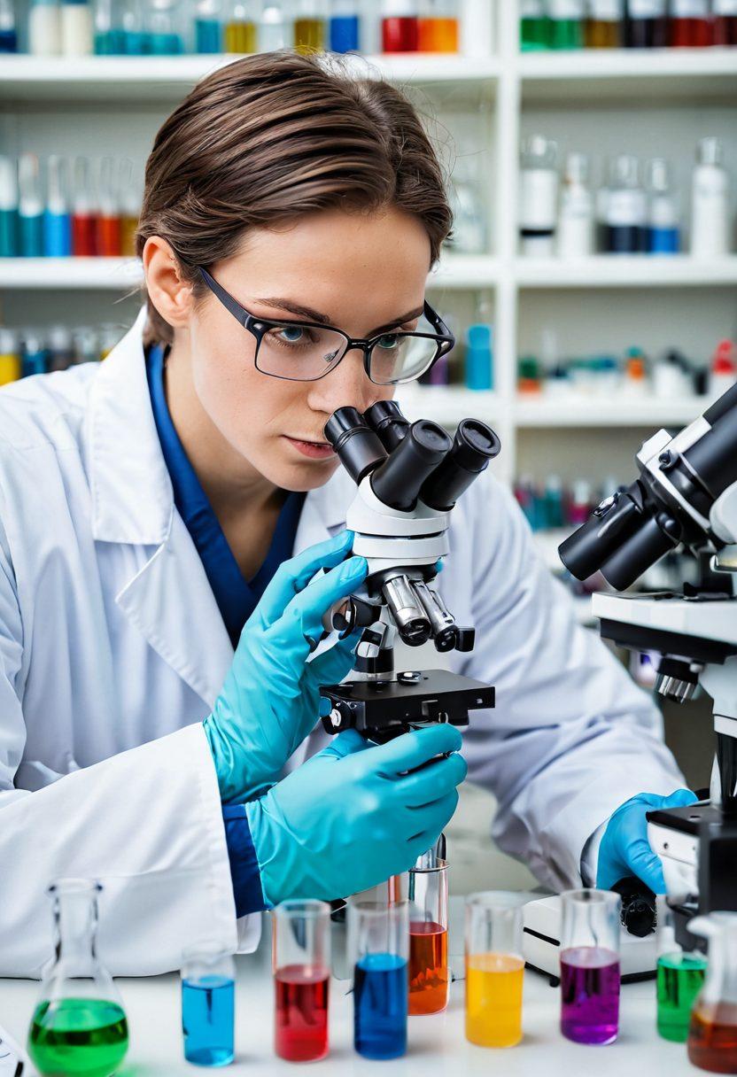 A close-up of a lab bench filled with essential scientific equipment like microscopes, spectrophotometers, and quality control devices, surrounded by colorful test tubes and beakers. A scientist in a lab coat is carefully examining a sample under a microscope, with books and notes scattered around for research context. Bright, natural lighting enhances the atmosphere of discovery and precision. super-realistic. vibrant colors. white background.