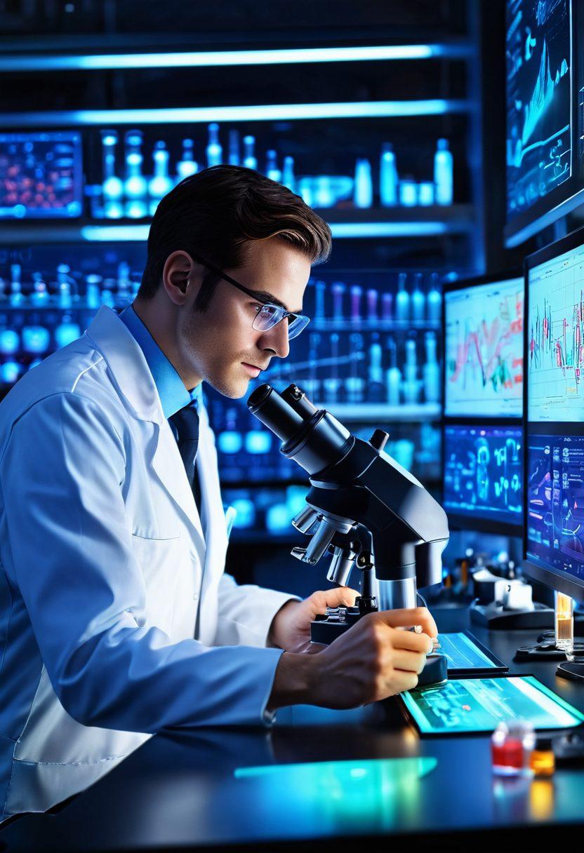 A meticulously organized laboratory workspace with innovative scientific tools and equipment, highlighted by glowing liquid experiments in glassware. The scene captures a researcher attentively observing a high-tech microscope and utilizing digital tablets. The background features detailed charts and graphs illustrating data analysis, with soft, warm lighting to create an inviting atmosphere. super-realistic. vibrant colors. 3D.